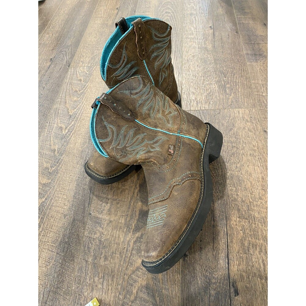 Justin Women's Mandra Brown Teal Cowboy Boots 10.5 B  Water Buffalo  L9624